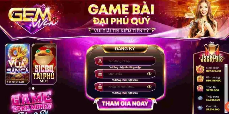 Giao diện đăng ký Gemwin, chơi game ấn tượng